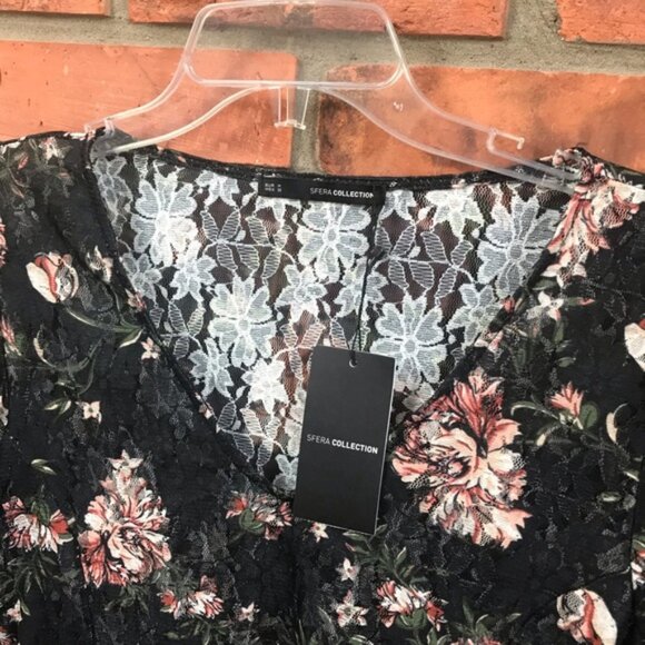 SFERA Spain NEW Lace Floral Sheer Boho Flare Bell Sleeve Peplum Stretch Top Rose - Picture 9 of 15